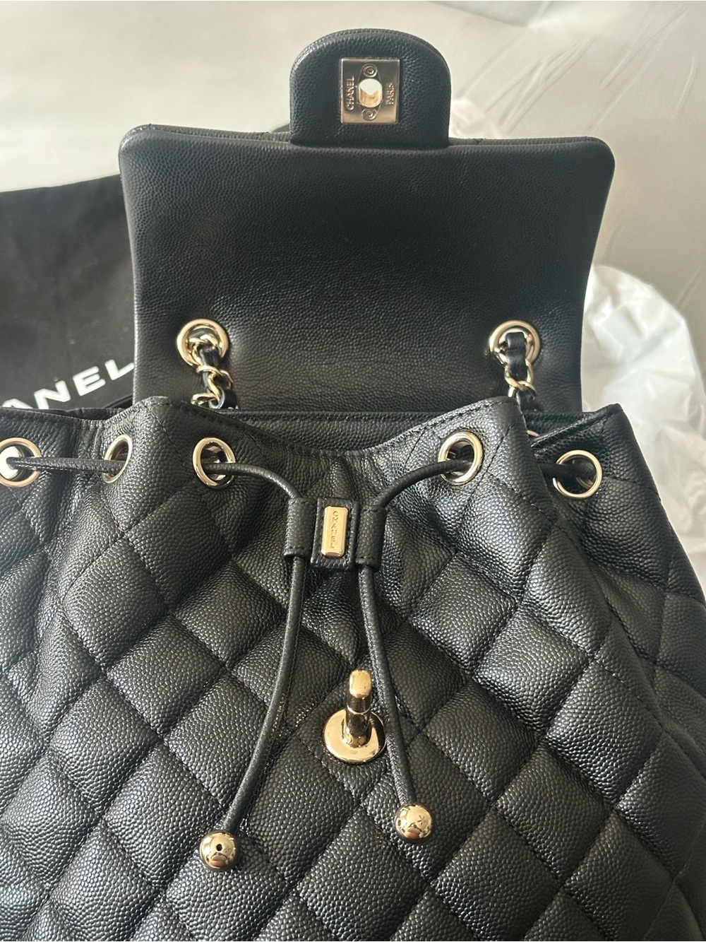 CHANEL Black Quilted Leather Drawstring Backpack with Gold CC - Picture 3 of 7